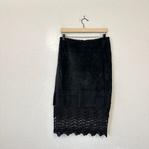 SAO PAULO Suede Midi Skirt Black Crochet Trim Retro Gothic 90s